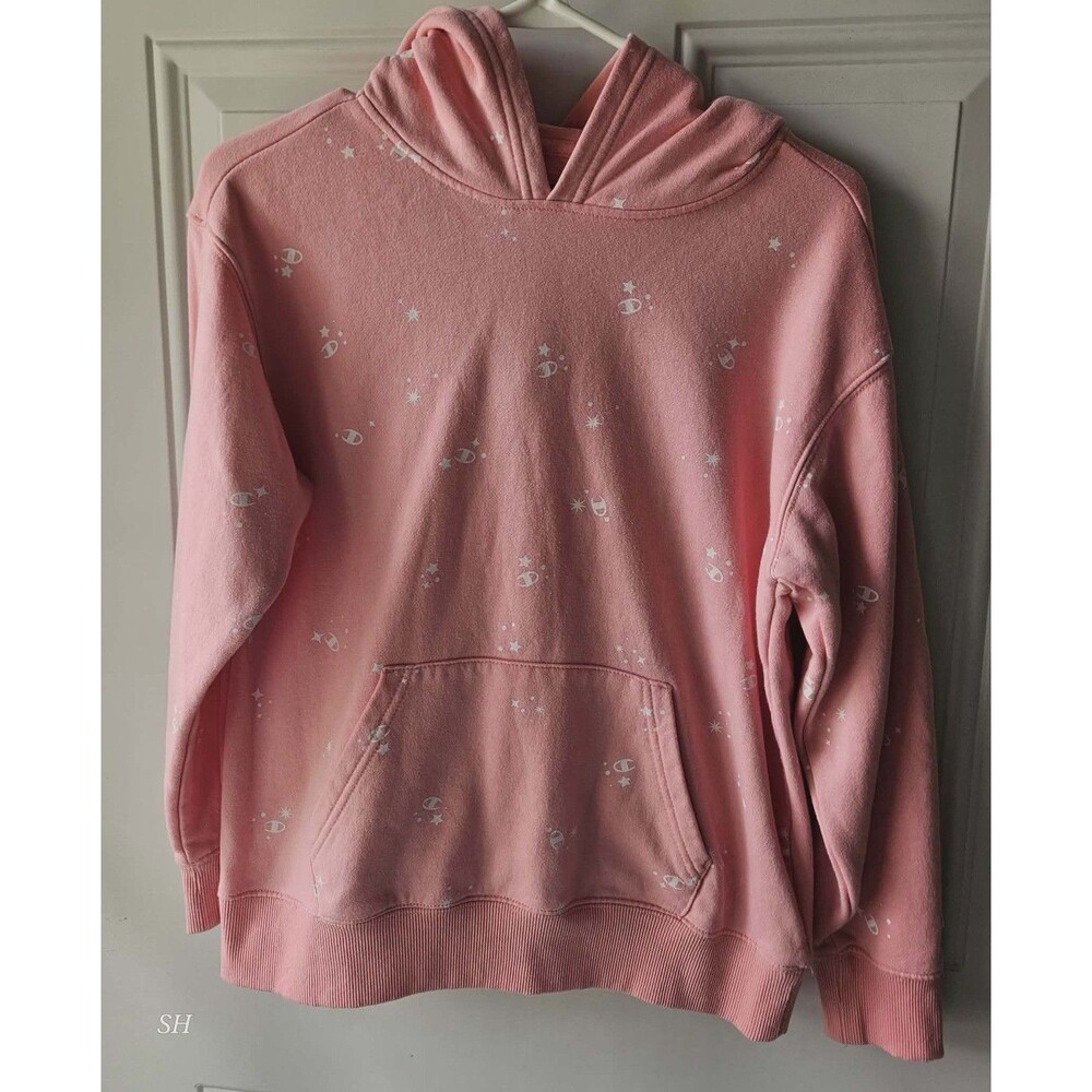 Champion Girls‎ Pink Hoodie XL – All Over Logo Print Pullover Sweatshirt